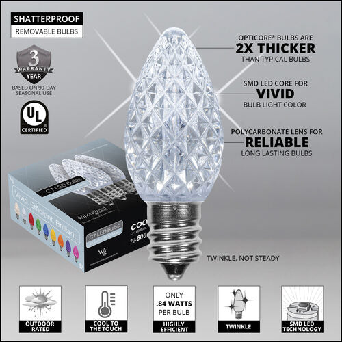 C7 Twinkle Cool White OptiCore LED Bulbs - 25 Pack
