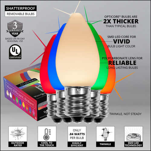 C7 Twinkle Opaque Multicolor OptiCore LED Bulbs - 25 Pack