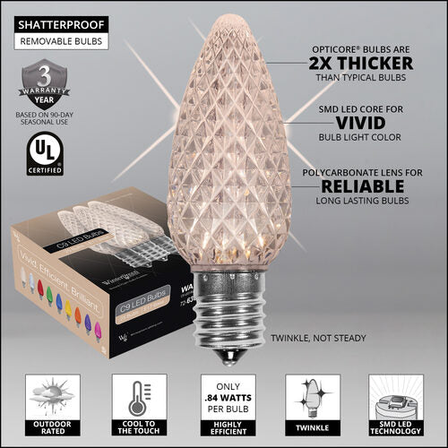 C9 Twinkle Warm White OptiCore LED Bulbs - 25 Pack