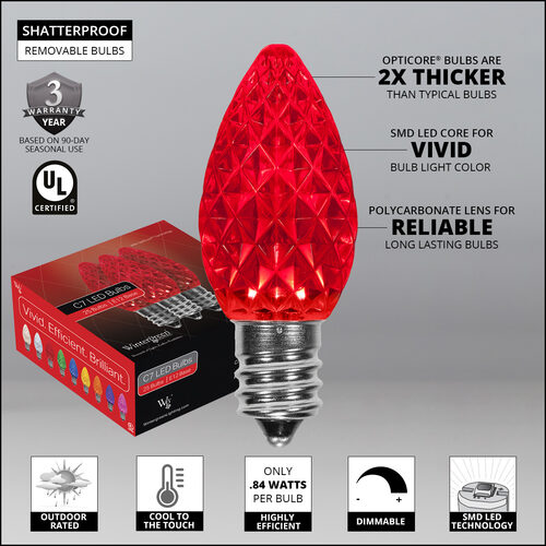 C7 Red OptiCore LED Bulbs - 25 pack