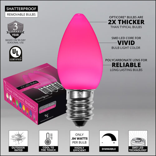 C7 Opaque Pink OptiCore LED Bulbs - 25 Pack