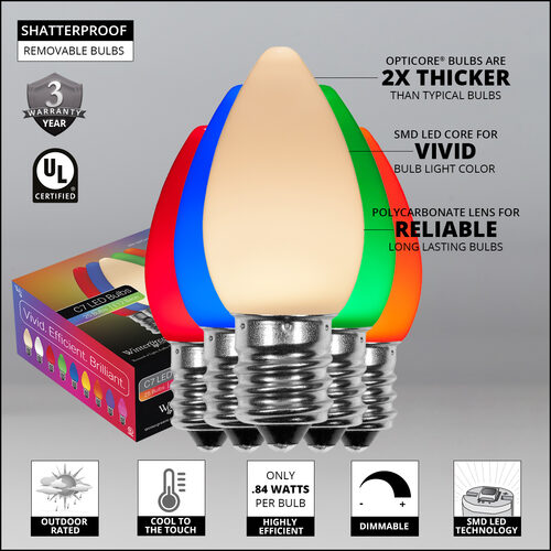 C7 Opaque Multicolor OptiCore LED Bulbs - 25 Pack